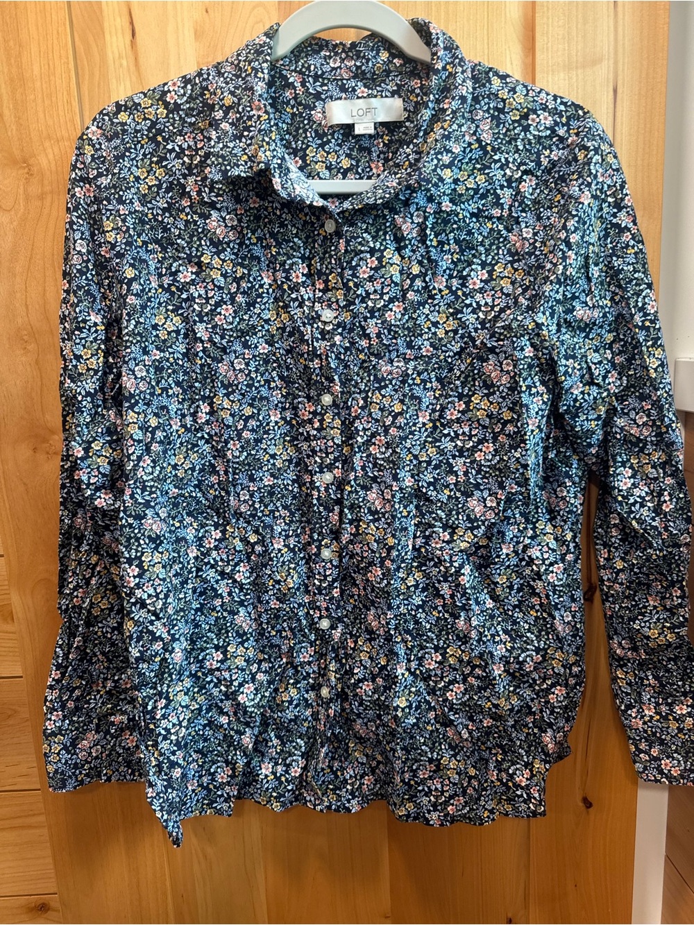 LOFT Navy Floral Button Down Blouse with Pink & Yellow Accents size large